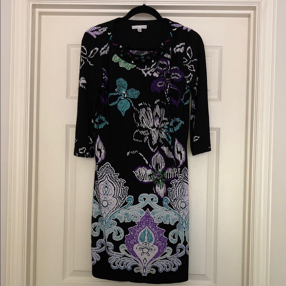 Sandra Darren Black Midi Dress with Teal & Purple Floral Motif Size 6